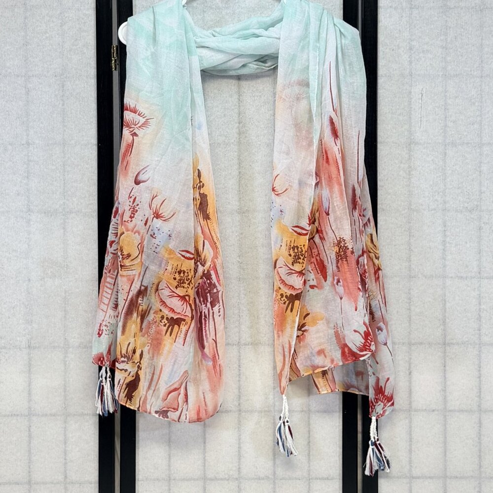 Tickled Pink Sheer Desert Floral Scene Mirror Image Scarf Wrap Rectangular Large